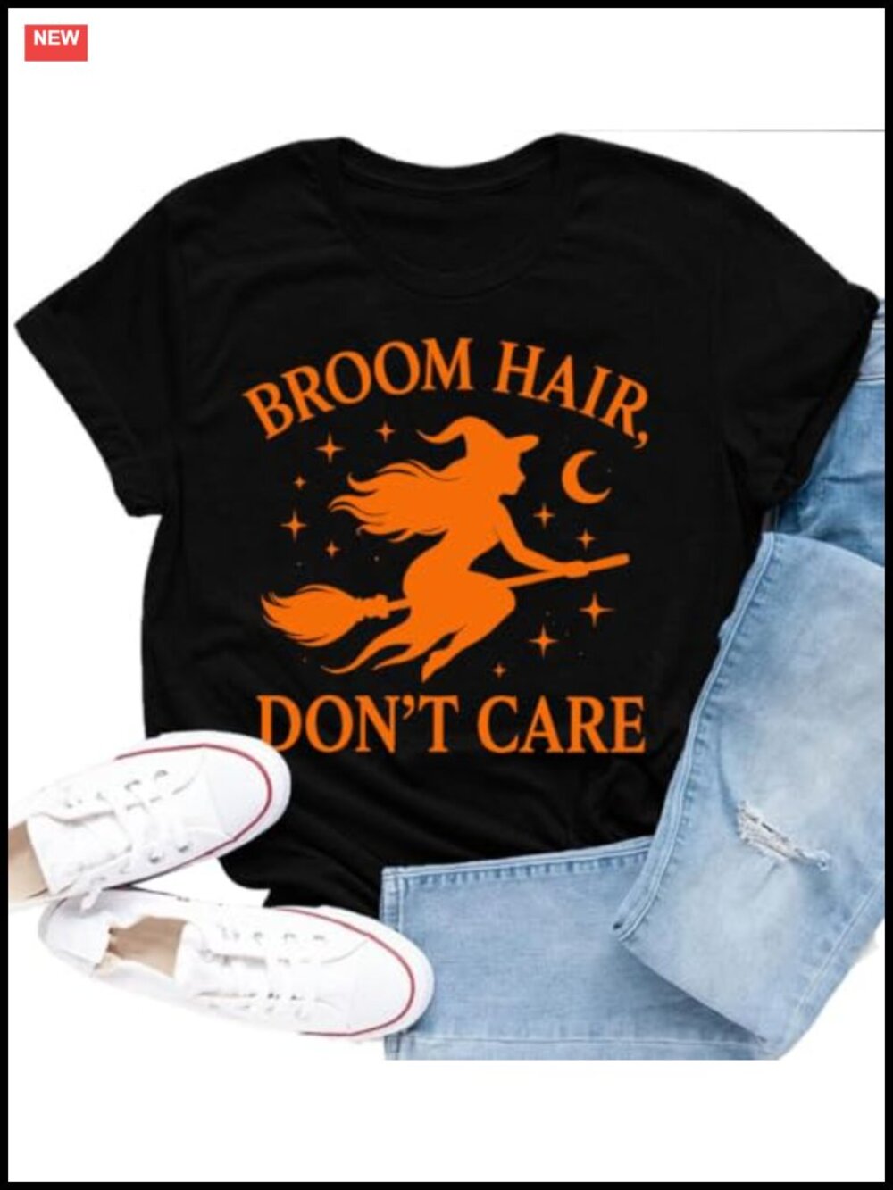 Witch Broom Hair Don't Care Halloween Tee Women Short Sleeve Top